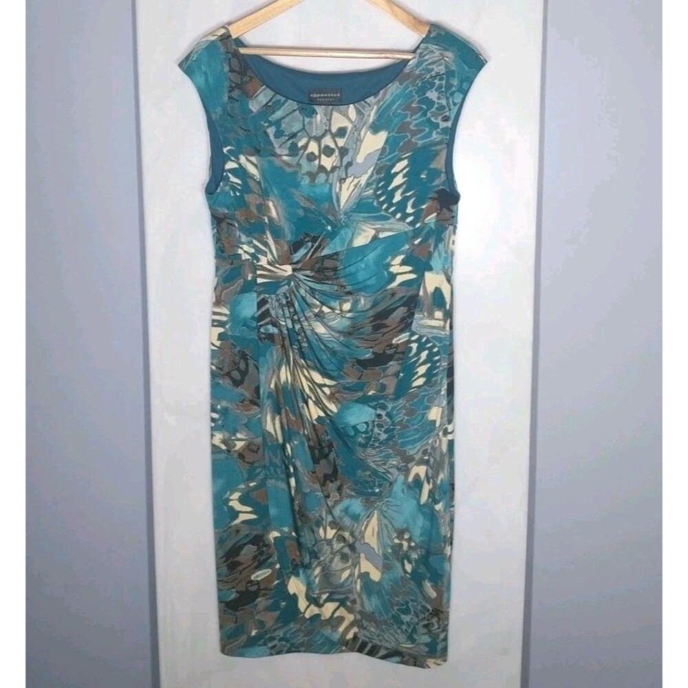 Connected Apparel Faux Wrap Dress 16 Teal Abstract Sheath Stretch Midi Career